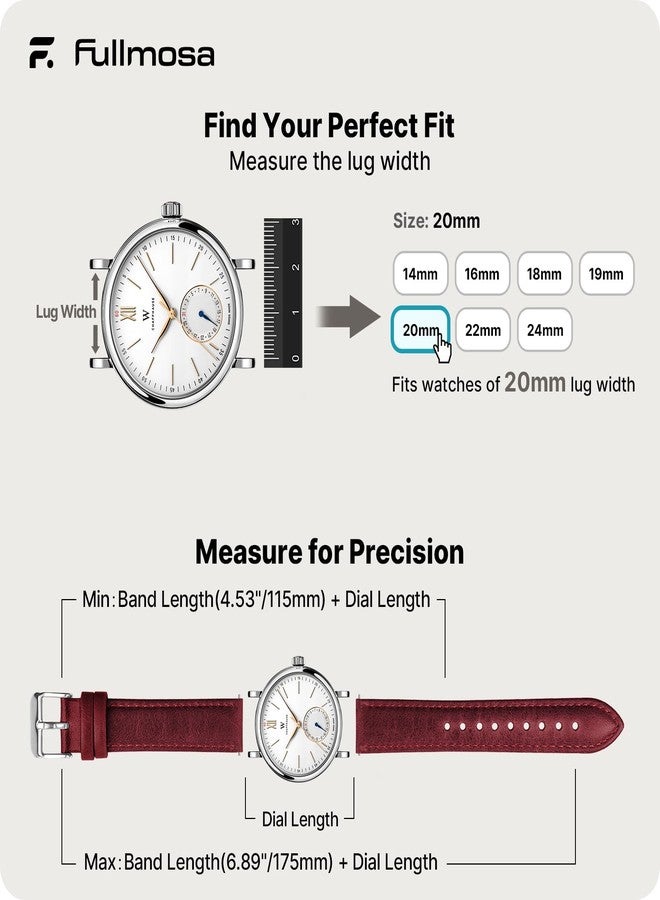 Fullmosa 20 mm Strap Compatible with Samsung Galaxy Watch 7/6/5/4/FE 40 mm 44 mm/5 Pro 45 mm/Galaxy Watch 6 Classic 47 mm Garmin Vivoactive 6/5/3 Women's Leather Watch Strap, Red + Silver Buckle - Image 5