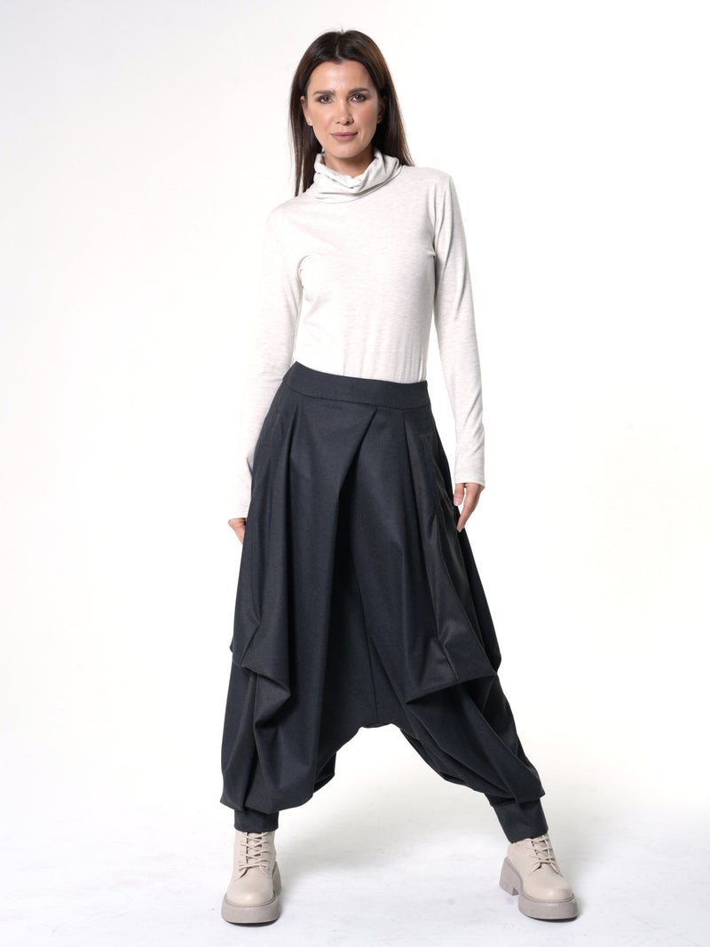 Metamorphoza Draped Harem Pants In Dark Gray - Image 1