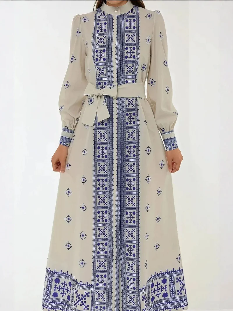 HICCUP Printed Long Sleeve Maxi Dress with Belt