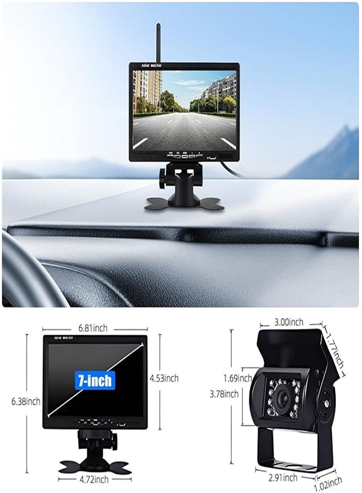 Wireless Car Mount, Waterproof Night Vision Wireless Rear View Camera, 7 Inch LCD Monitoring Parking System + Car Charger, Suitable for 12V-24V Truck RV Trailer Camping Bus - Image 2