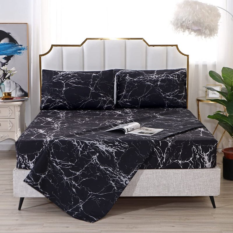 ماج Mag Black Marble Super Super Soft Microfiber Sheet 4pc مجموعة من ورقة الفراش الرخامية شملت ورقة واحدة مجهزة مع 2 وسادات عمق 14 بوصة (أسود توأم) - Image 2