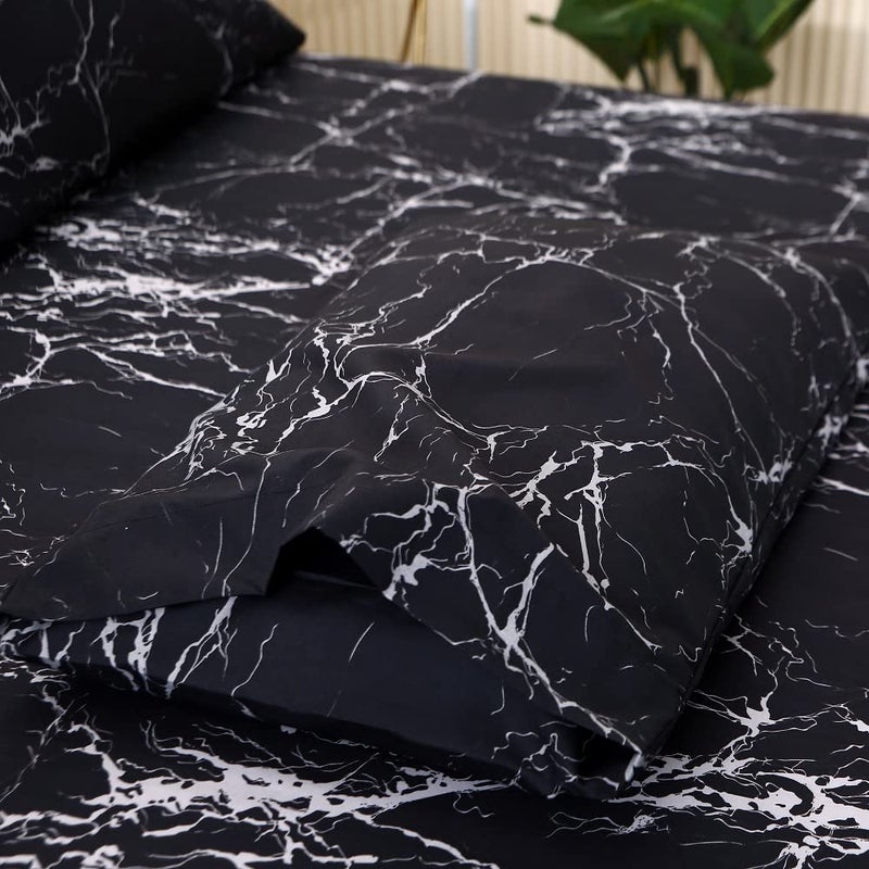 ماج Mag Black Marble Super Super Soft Microfiber Sheet 4pc مجموعة من ورقة الفراش الرخامية شملت ورقة واحدة مجهزة مع 2 وسادات عمق 14 بوصة (أسود توأم) - Image 3