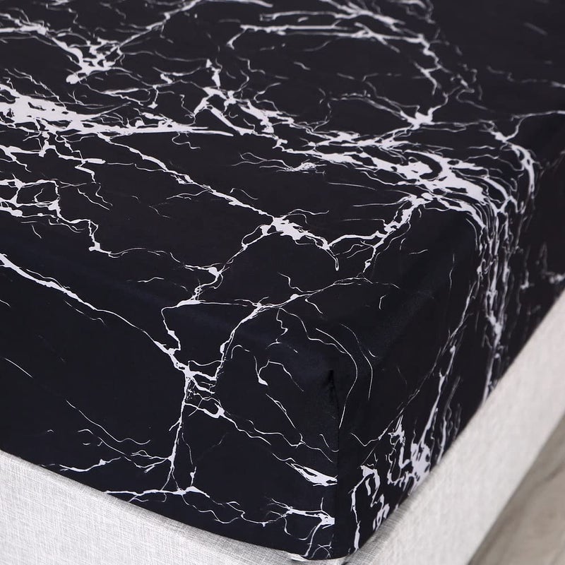ماج Mag Black Marble Super Super Soft Microfiber Sheet 4pc مجموعة من ورقة الفراش الرخامية شملت ورقة واحدة مجهزة مع 2 وسادات عمق 14 بوصة (أسود توأم) - Image 4