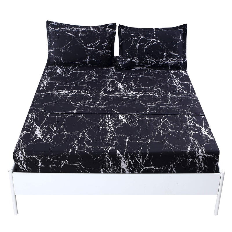 ماج Mag Black Marble Super Super Soft Microfiber Sheet 4pc مجموعة من ورقة الفراش الرخامية شملت ورقة واحدة مجهزة مع 2 وسادات عمق 14 بوصة (أسود توأم) - Image 1