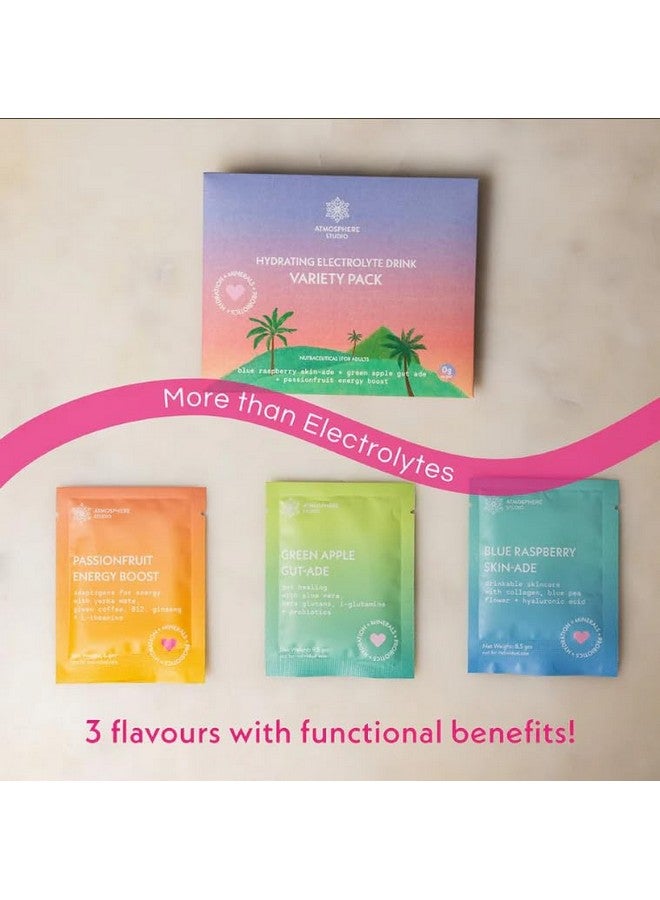 Atmosphere Studio Atmosphere Electrolyte Powder Variety Pack, 15 Sachets (115 Grams), Green Apple Gut Ade (5 sachets) | Blue Raspberry Skin-Ade (5 sachets) | Passionfruit Energy Boost (5 sachet) - Image 2