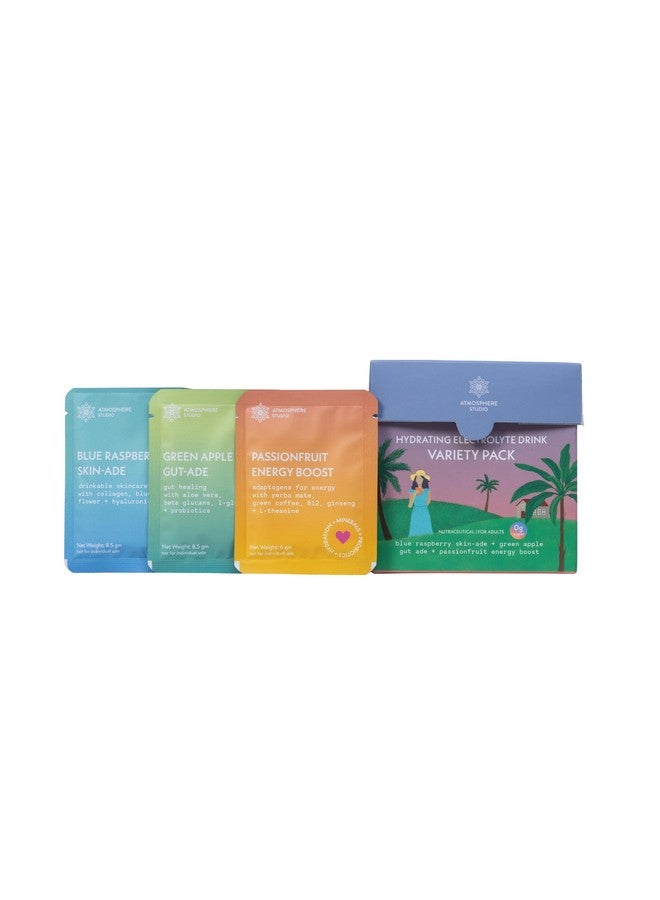 Atmosphere Studio Atmosphere Electrolyte Powder Variety Pack, 15 Sachets (115 Grams), Green Apple Gut Ade (5 sachets) | Blue Raspberry Skin-Ade (5 sachets) | Passionfruit Energy Boost (5 sachet) - Image 1