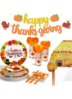 KATCHON KatchOn, Thanksgiving Table Decor - Huge 152Pcs (25 Guest) | Glitter, Happy Thanksgiving Banner and Thanksgiving Tablecloth | Thanksgiving Plates and Napkins Sets, Thanksgiving Decorations for Table  - Image 1