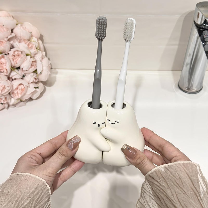 Dneuoir Ceramic Toothbrush Holder for Bathroom, Cute Pear Shape Small Tooth Brush Holders for Bathroom Countertop Home Office Table Decor - Image 2