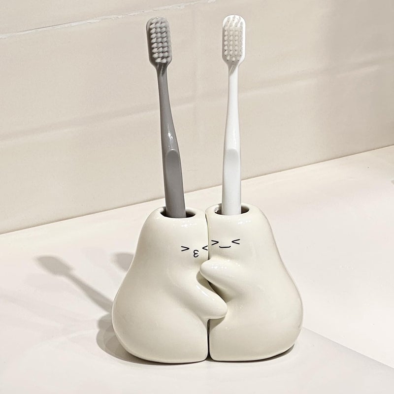 Dneuoir Ceramic Toothbrush Holder for Bathroom, Cute Pear Shape Small Tooth Brush Holders for Bathroom Countertop Home Office Table Decor - Image 1