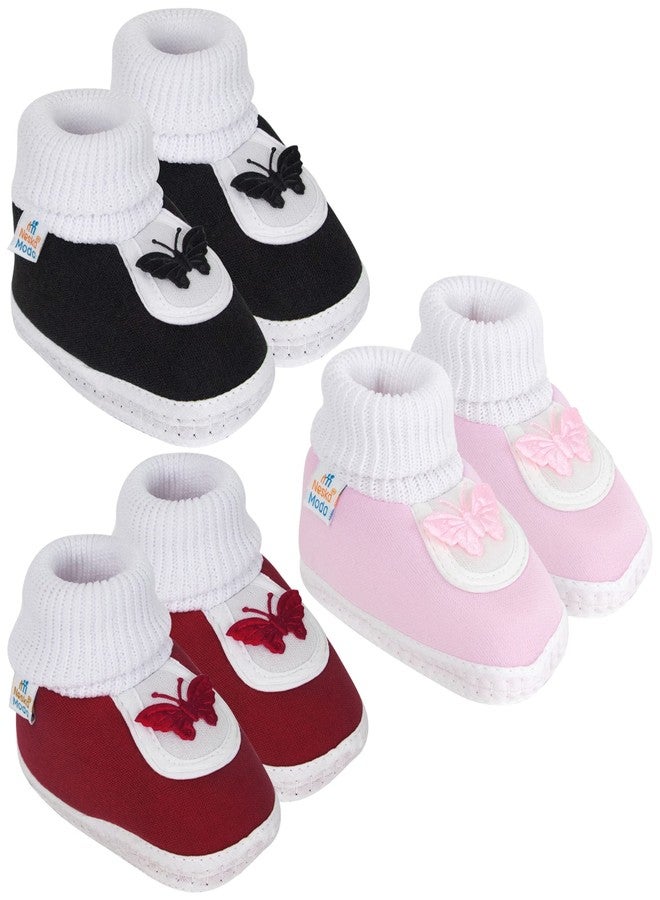 Neska Moda 0 To 6 Months Baby Boys & Girls Pack of 3 Pair Cotton Butterfly Slip On Baby Booties (Black,Maroon,Baby Pink) -BT382andBT376andBT381 - Image 1
