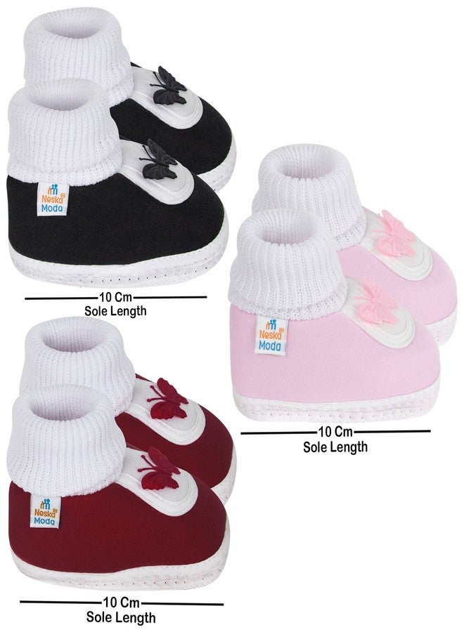 Neska Moda 0 To 6 Months Baby Boys & Girls Pack of 3 Pair Cotton Butterfly Slip On Baby Booties (Black,Maroon,Baby Pink) -BT382andBT376andBT381 - Image 2