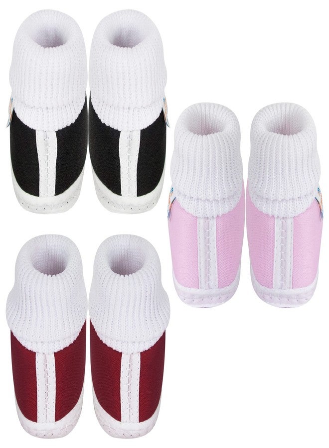 Neska Moda 0 To 6 Months Baby Boys & Girls Pack of 3 Pair Cotton Butterfly Slip On Baby Booties (Black,Maroon,Baby Pink) -BT382andBT376andBT381 - Image 3
