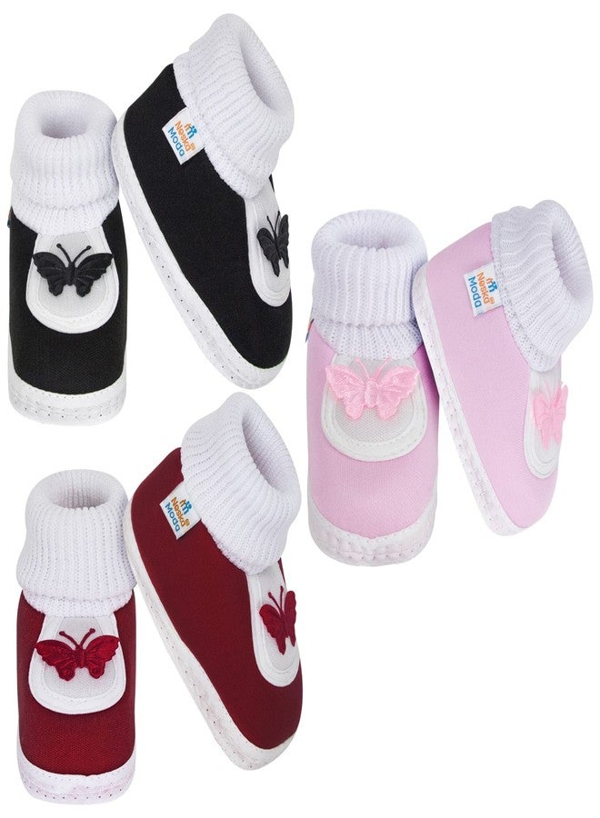 Neska Moda 0 To 6 Months Baby Boys & Girls Pack of 3 Pair Cotton Butterfly Slip On Baby Booties (Black,Maroon,Baby Pink) -BT382andBT376andBT381 - Image 5