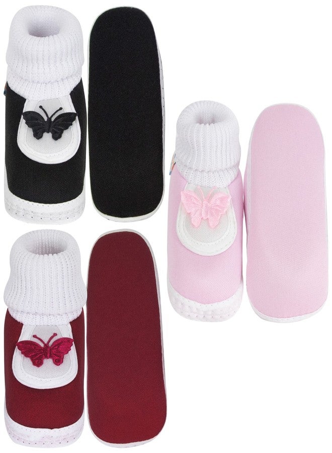 Neska Moda 0 To 6 Months Baby Boys & Girls Pack of 3 Pair Cotton Butterfly Slip On Baby Booties (Black,Maroon,Baby Pink) -BT382andBT376andBT381 - Image 4