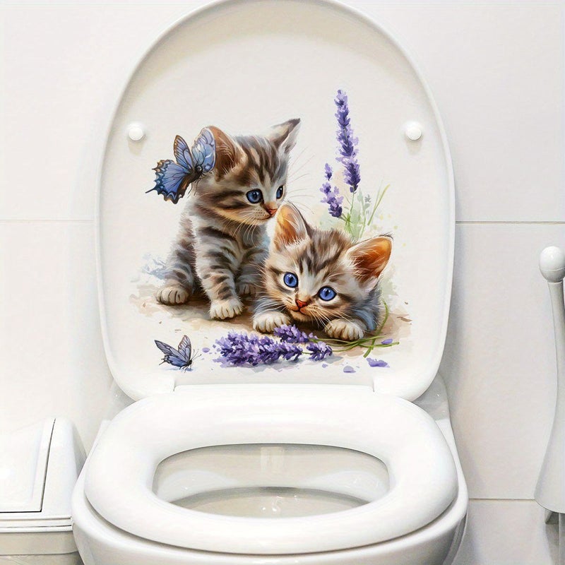 1pc Cute Kitten And Butterfly Lavender Toilet Sticker Suitable For Bathroom Bedroom Living Room Home Wall Decor - Image 2