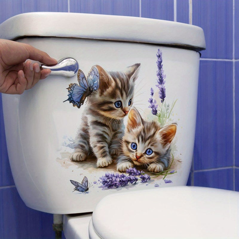 1pc Cute Kitten And Butterfly Lavender Toilet Sticker Suitable For Bathroom Bedroom Living Room Home Wall Decor - Image 1
