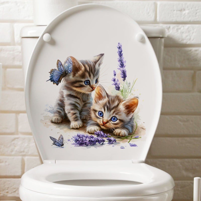 1pc Cute Kitten And Butterfly Lavender Toilet Sticker Suitable For Bathroom Bedroom Living Room Home Wall Decor - Image 5