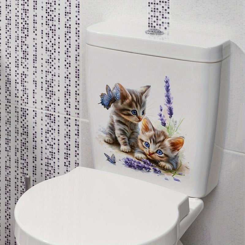 1pc Cute Kitten And Butterfly Lavender Toilet Sticker Suitable For Bathroom Bedroom Living Room Home Wall Decor - Image 3