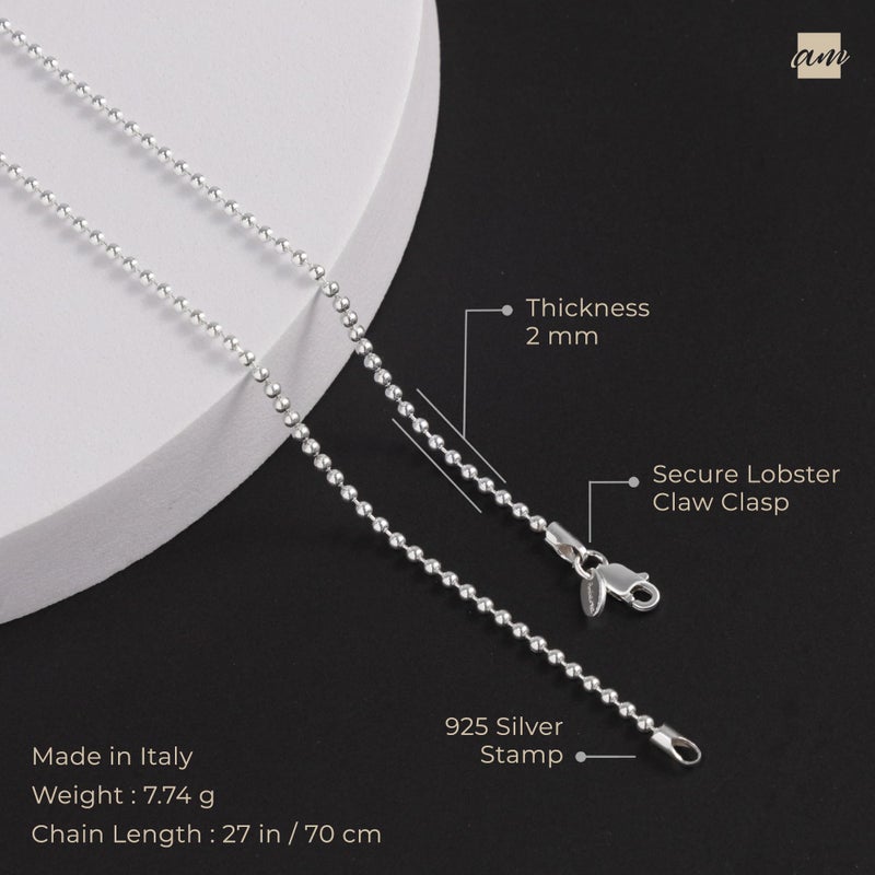 Amberta 925 Sterling Silver 2 mm Ball Chain Necklace Length 28" inch / 70 cm (28) - Image 5