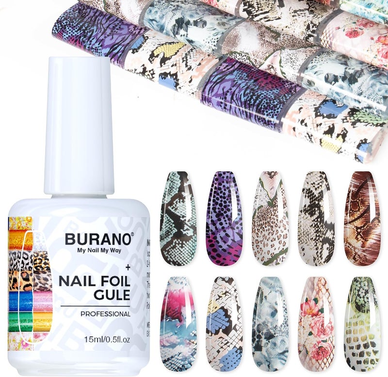 BURANO Nail Art Nail Foil Glue Gel, 15 ML 1 Bottle Foil Transfer Gel with 10PCS Stickers, UV LED Lamp Required Nail Design Foils Glue for Nails 29 - Image 1