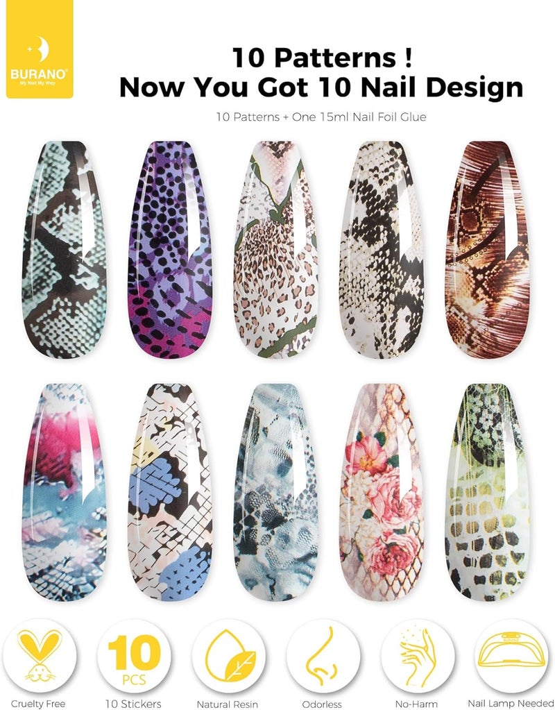 BURANO Nail Art Nail Foil Glue Gel, 15 ML 1 Bottle Foil Transfer Gel with 10PCS Stickers, UV LED Lamp Required Nail Design Foils Glue for Nails 29 - Image 2