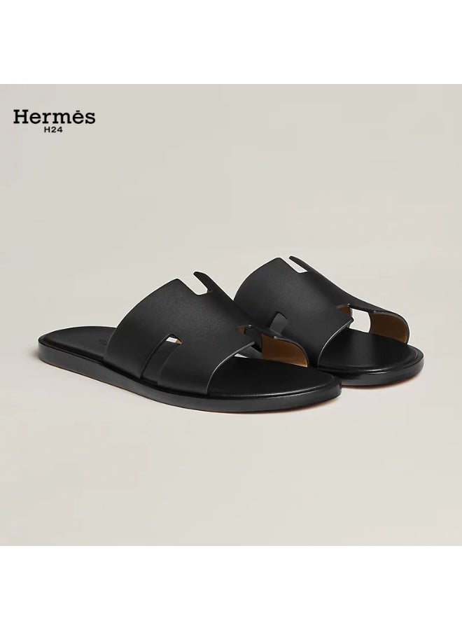 Hermes H24 صندل هيرميس H24 إزمير للرجال، صيفي، بدون أربطة، مسطح، بمقدمة مستديرة، أسود - Image 1