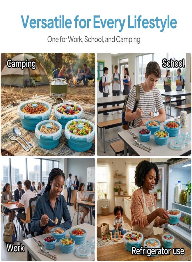 Yubng 4-Pack Silicone Collapsible Meal Prep Containers with Lids, Bento Lunch Box Set in 4 Sizes (350/500/800/1200ml), Space Saving Storage for RV, Camping, Travel, Office, Microwave Freezer Safe - Image 2