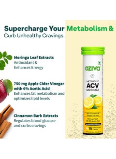 OZiva ACV Moringa Control Cravings Apple Cider Vinegar Cinnamon Guggul No Maltodextrin No Added Sugar 15 Effervescent Tablets Lemon Masala Pack of 4 60 Tablets  - Image 4