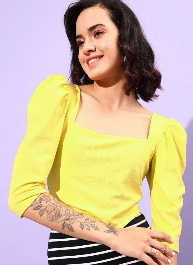 STREET 9  Yellow Puff Sleeve Square Neck Crop Top for Women for Women | Best Price UAE