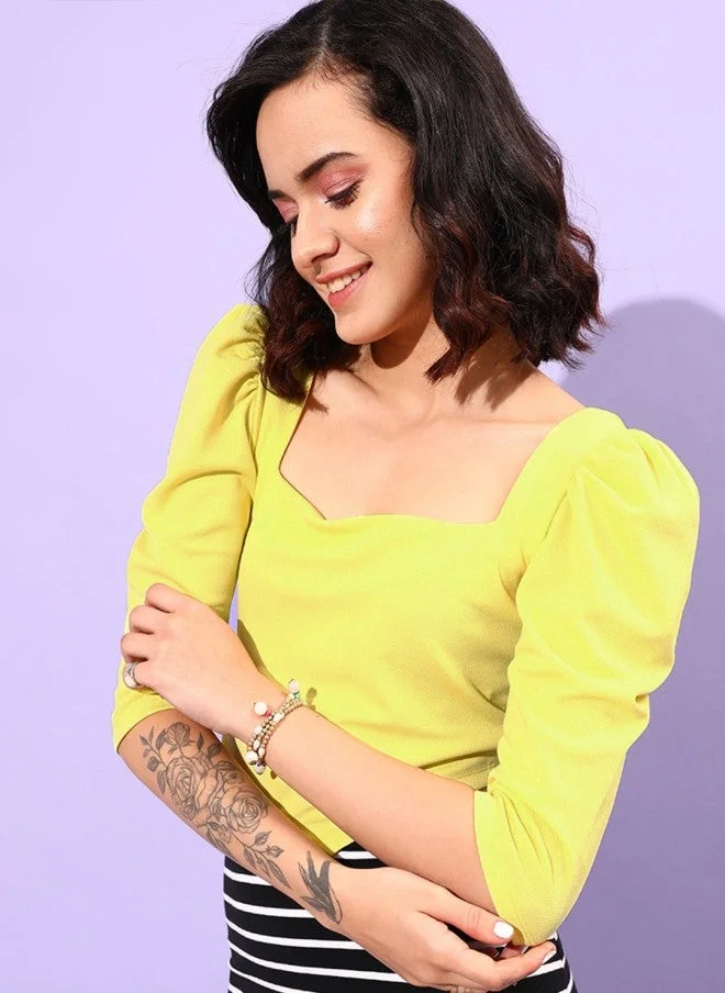 STREET 9 Yellow Puff Sleeve Square Neck Crop Top for Women