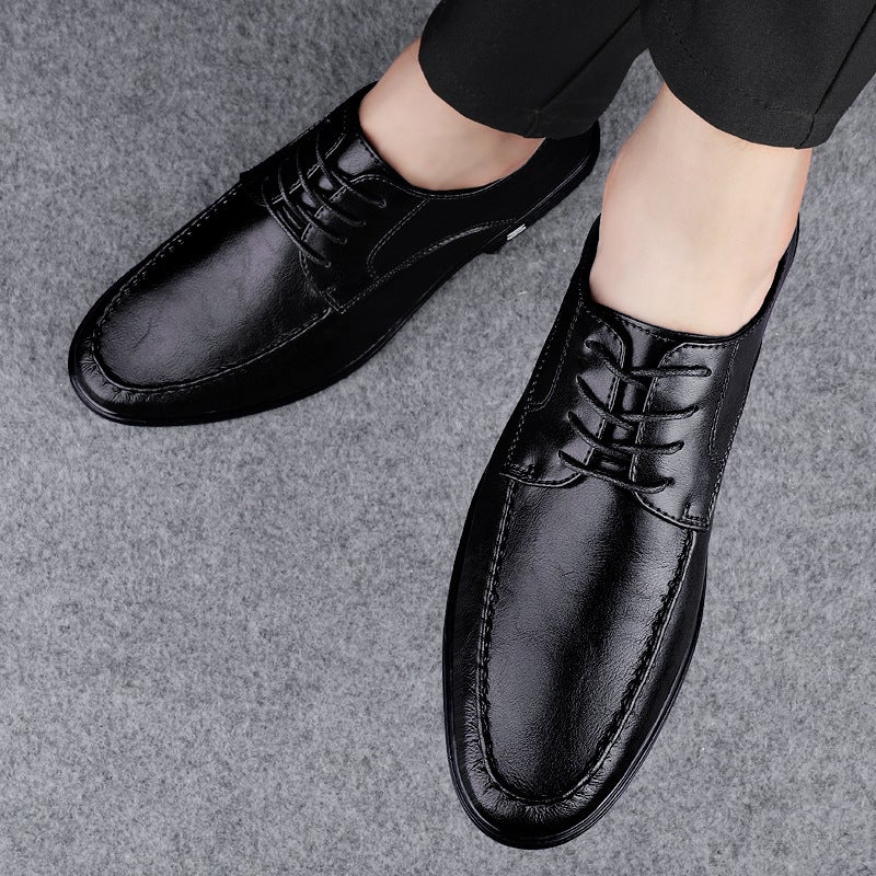 Men'S Leather Shoes Business Dress Korean Style Black 2022 New Soft Face Inner Heightening Wedding Groom Shoes - Image 4