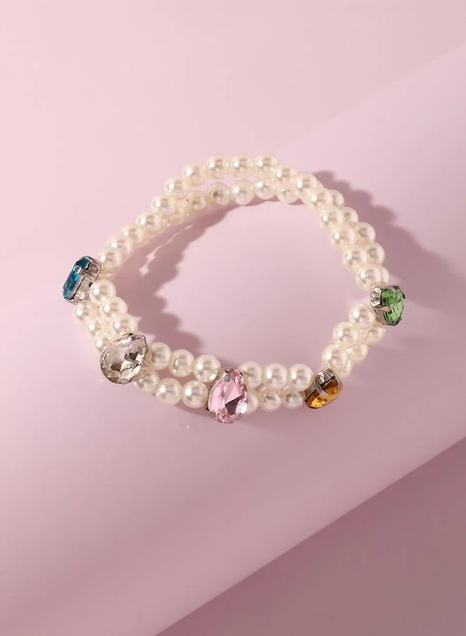 Take Two  Pack of 3 - Girls Multi-Color Gemstone Embellished Pearl Beaded Bracelets for Women | Best Price UAE
