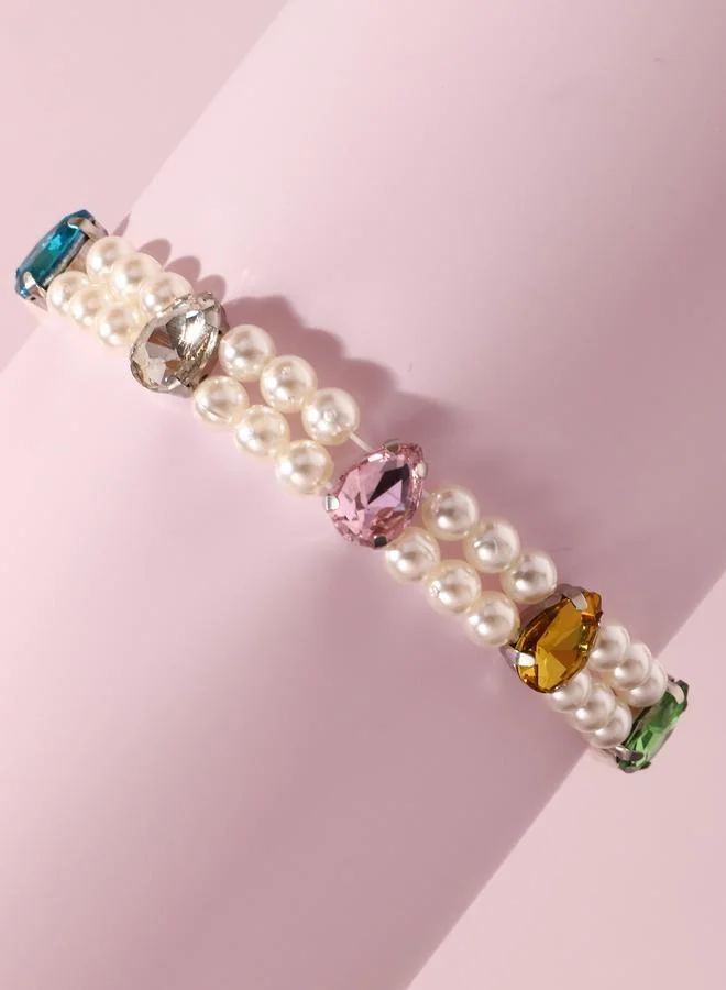 Pack of 3 - Girls Multi-Color Gemstone Embellished Pearl Beaded Bracelets