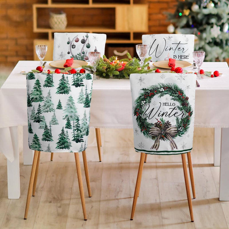 Fuweave 6 PCS Winter Winterland Craach Cover Hello Winter Chair Back Covers Frost Pine Tree Deer Crast Protector Slipcovers Absible Roash Room Coves Decor - Image 5