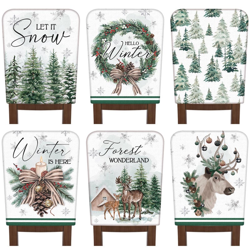 Fuweave 6 PCS Winter Winterland Craach Cover Hello Winter Chair Back Covers Frost Pine Tree Deer Crast Protector Slipcovers Absible Roash Room Coves Decor - Image 1