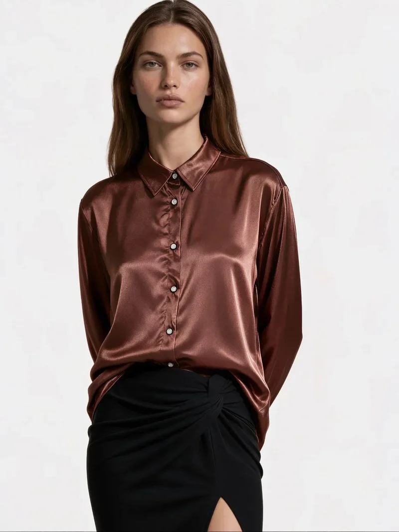 Jennyfer Walnut Brown Women's Solid Woven Shirt-Collar T-Shirt for Women | Best Price UAE