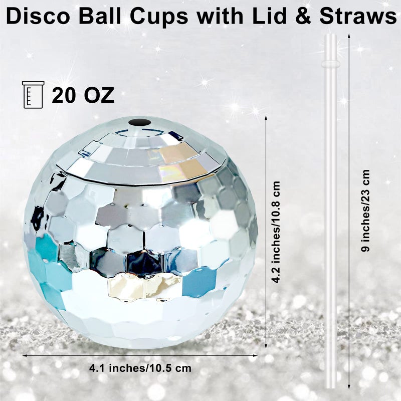 Breroa 8 Pieces 70s Disco Flash Ball Drinks Cups with Lid and Straw 20 Ounce Disco Party Cups 1970s Mirror Disco Cocktail Cups Sparkly Glitter Disco Bar Party Supplies  Silver - Image 2