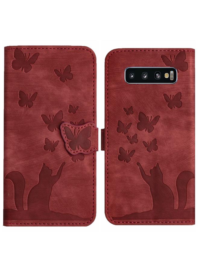 اس-توب جراب لهاتف Samsung Galaxy S10 مصنوع من الجلد بتصميم فراشة وقطط - Image 1