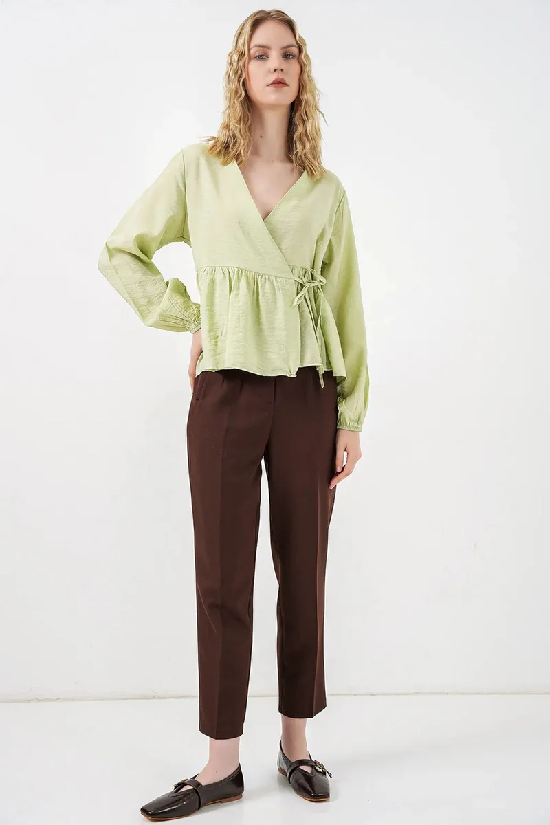 Big Dart Green BDART V-Neck Tie Detail Crepe Wrap Blouse for Women | Best Price UAE
