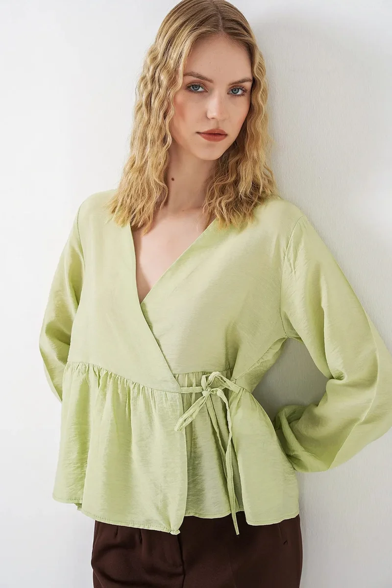 Big Dart Green BDART V-Neck Tie Detail Crepe Wrap Blouse for Women | Best Price UAE