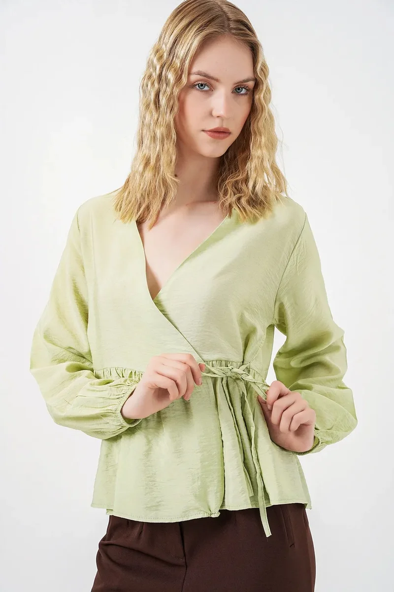 Big Dart Green BDART V-Neck Tie Detail Crepe Wrap Blouse for Women | Best Price UAE