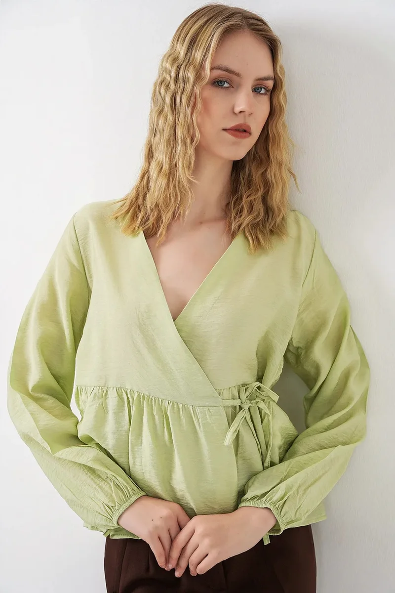 Big Dart Green BDART V-Neck Tie Detail Crepe Wrap Blouse for Women | Best Price UAE