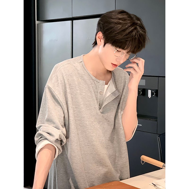 Gray Fake Two-Piece Long-Sleeved Henry Collar T-Shirt For Boys In Autum, Waffle Sweatshirt, Korean Style Inner Layering Shirt - Image 1