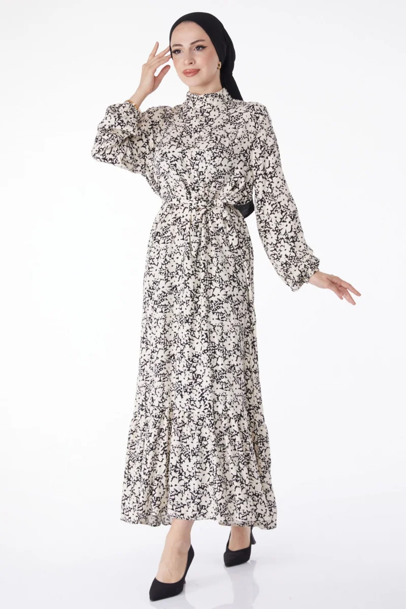 Tofisa Plain Judge Collar Women's Black Patterned Belted Dress - 25249