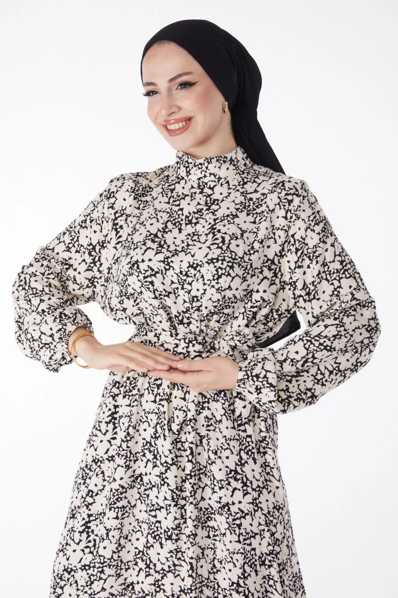Tofisa Plain Judge Collar Women's Black Patterned Belted Dress - 25249