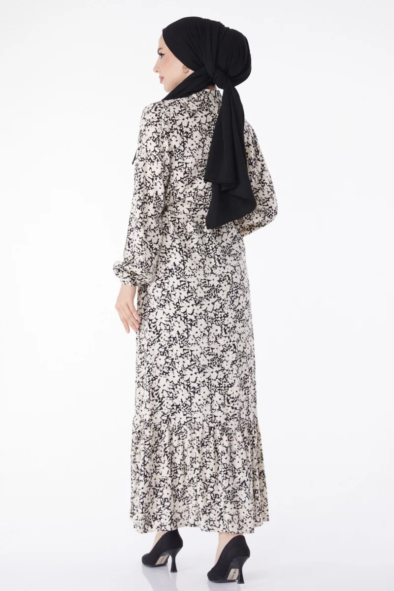Tofisa Plain Judge Collar Women's Black Patterned Belted Dress - 25249