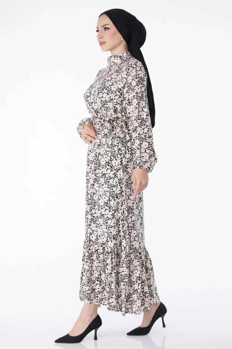 Tofisa Plain Judge Collar Women's Black Patterned Belted Dress - 25249