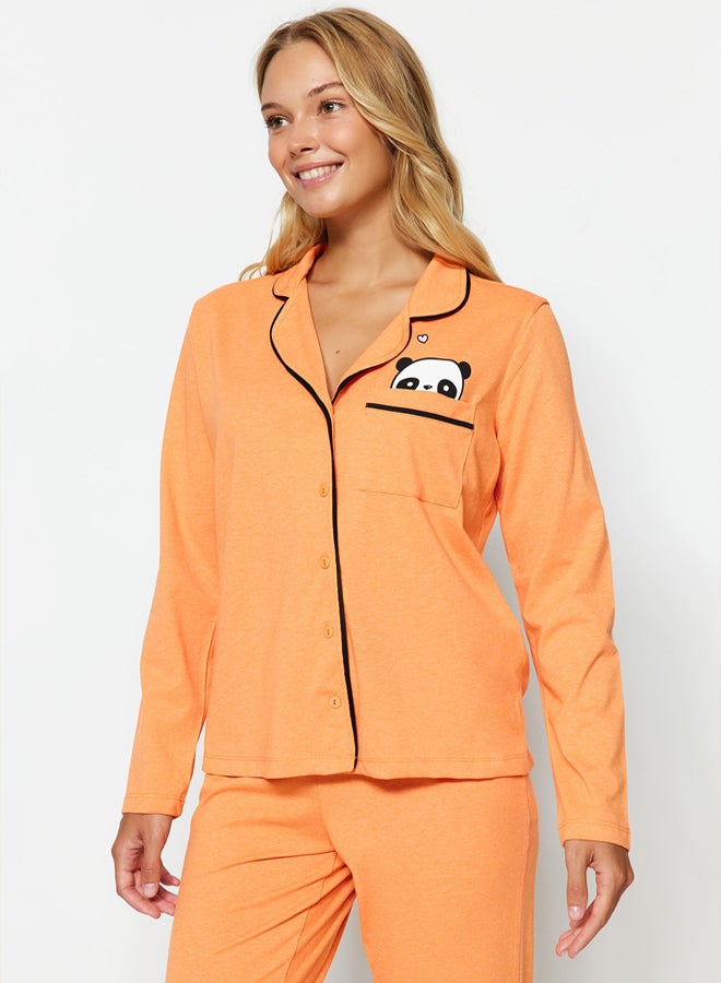 trendyol Orange Cotton Panda Printed Shirt-Pants Knitted Pajamas Set THMAW21PT0245  - Image 1
