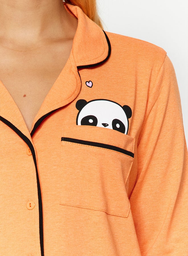 trendyol Orange Cotton Panda Printed Shirt-Pants Knitted Pajamas Set THMAW21PT0245  - Image 5