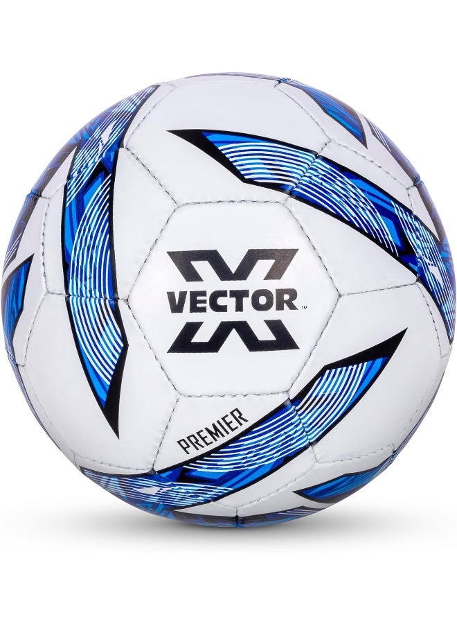 Vector X Premier Rubberised Hand Stitched Football – Size 5, Durable Soccer Ball for Training & Matches, White-Blue - Image 1